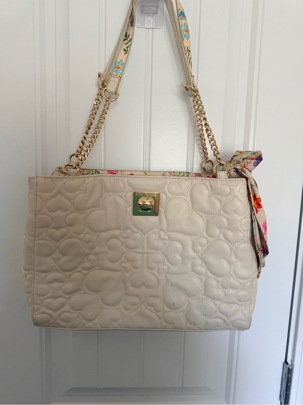 Betsey Johnson Cream Quilted Shoulder Bag with Gold Hardware